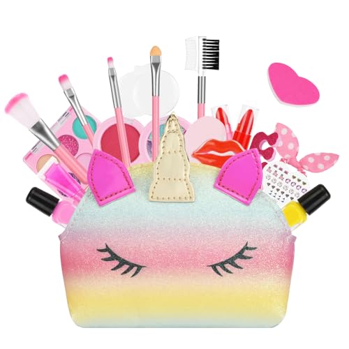 Aomig Maquilhagem para Meninas, Jogo de Maquilhagem para Crianças com Bolsa de Unicórnio de Purpurinas, Conjunto de Maquilhagem para Meninas Cosméticos Laváveis, Brinquedo de Presente de Aniversário e
