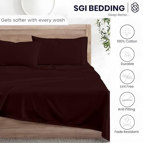 Image of SGI bedding Queen Bed Sheets Set - Premium 600 TC Egyptian Cotton, Crisp & Cooling Sateen Weave, Extra Soft Hotel Collection, Fits Mattresses Up to 16 Inch Deep, Breathable & Long Lasting - Chocolate