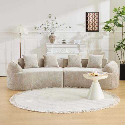 Image of 109-Inch Curved Boneless Modular Sofa Compressed 4-Seat Cloud Couch with 4 Pillows, Modern Curved Boneless Foam Sofa Floor Deep Seat Cloud Couch for Living Room Bedroom