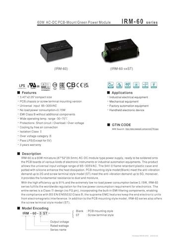 Module d'alimentation CA-CC 60 W IRM-60 efficace pour montage sur carte