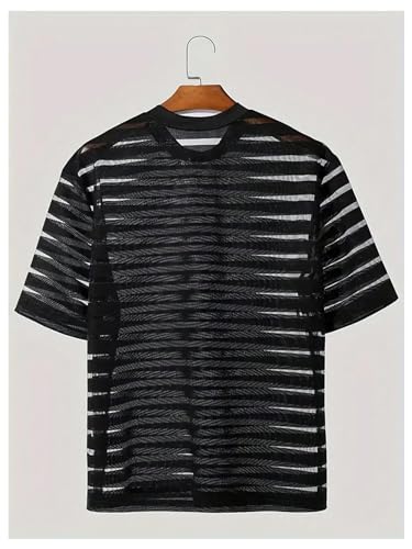 Men's Sheer Mesh Tee Shirt Striped Short Sleeve Crewneck See Through T Shirt Summer Tee Tops2
