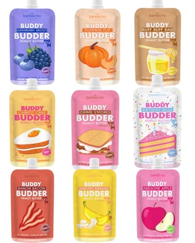 BUDDY BUDDER Dog Peanut Butter 9 Pack Mixed Flavors 4oz Pouches Dog Peanut Butter Made in USA