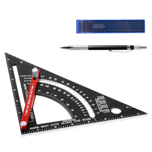 Woodworking Triangle Ruler 7 Inch Aluminum Alloy Carpenter Square Adjustable Rafter Square Protractor Multipurpose Combination Square Tool(Black,Imperial System)