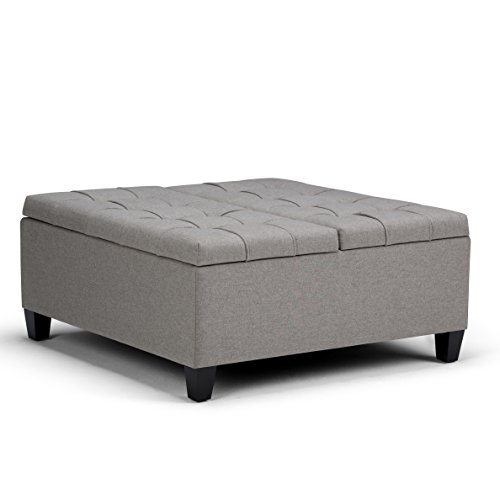 Simplihome AXCOT-265-LGL Harrison 36 Inch Wide Square Coffee Table Lift Top Storage Ottoman In Upholstered Dove Grey Tufted Linen Look Fabric thumb #3