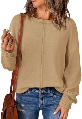 BTFBM Pullover Sweaters for Women Fall Crewneck Slouchy Long Sleeve Sweater Loose Casual Knit Tops Winter Clothes 2026(Khaki, Medium)