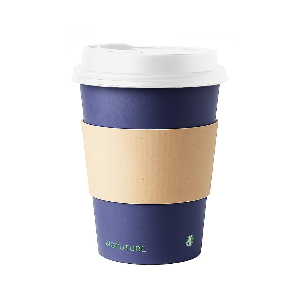 BIOFUTURE 200 x 8oz Disposable Coffee Cups Compostable Paper Cups with White Lids and Sleeves, Eco-Friendly & Biodegradable, Ideal for Hot Drinks, Takeaway or Travel, EN 13432 Certified (Blue)