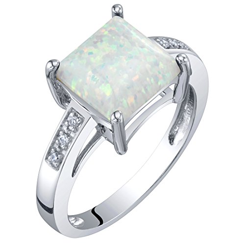 PEORA Created White Fire Opal and Genuine Diamond Designer Solitaire Ring for Women 14K White Gold, 1 Carat Princess Cut 8mm, Size 6, October Birthstone Ring, Sparkling Jewelry, w/Jewelry Box