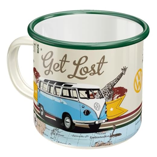 Nostalgic-Art Taza esmaltada retro, Bulli T1 – Get Lost – Idea de regalo de furgoneta Volkswagen, Copa para camping, diseño vintage con frase, 360 ml