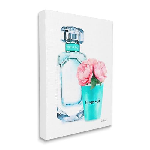 Image of The Stupell Home Decor Collection Teal Blue Perfume Bottle and Pink Peonies Stretched Canvas Wall Art, Multi-Color, 16 x 20, Gallery Wrapped Canvas | Stupell Industries . By Amanda Greenwood . Ready to hang . Chic gift for home decor . Made in USA