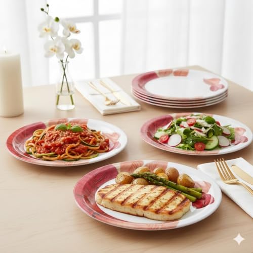 Image of Melamine Dinner Plates | Round Full Plate | Microwave Safe | Break Resistant | Plates for Breakfast, Lunch, Dinner | Plates for home, Office, Restaurant | Set of 6 | 11 Inch's (PINK LEAF)