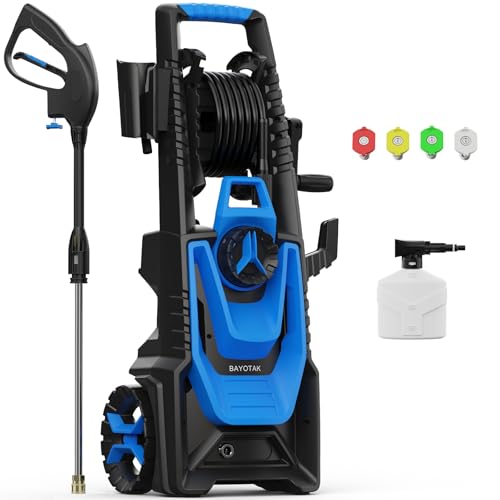 BAYOTAK Electric Pressure Washer, 5200 PSI 3.4 GPM Power Washer with Foam Cannon, High Pressure Cleaning Machine with 35 FT Power Cord and 20 FT Hose, Hose Reel, 4 Connect Nozzles for Car/Patio/Fence