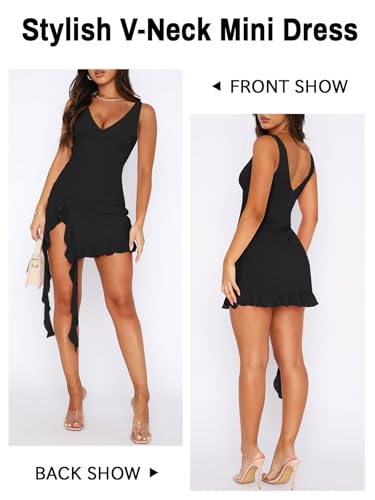 Womens Sexy Deep V Neck Mini Dress for Women Y2K Side Slit Going Out Cocktail Wedding Party Ruffle Short Dresses2