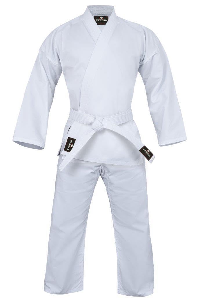 VERSAL Karate Gi - Uniforme de karate para niños y adultos, traje de karate blanco para estudiantes, 8 onzas, ligero, polialgodón, artes marciales, entrenamiento, taekwondo, uniforme con cinturón