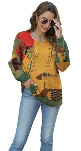 Gunest Women Graphic Oversized Sweater Crew Neck Long Sleeve Fish Printed Loose Fit Casual Knit Pullover Sweaters Top For Fall Winter thumb #2