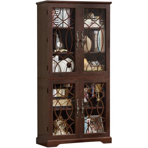 Image of Joaxswe 67 inch Tall Pantry Cabinet Set of 2, Vintage Kitchen Pantries Cabinets with Glass Doors & Adjustable Shelves, Wood Cupboard with Large Storage for Dining Room, Bathroom, Walnut