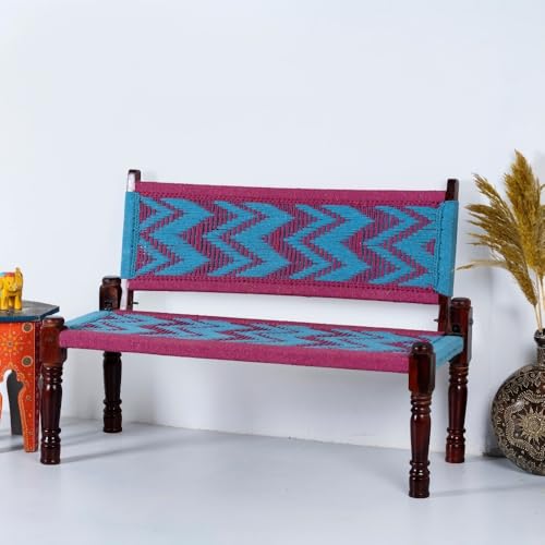 Image of Srima Wooden Bench for Living Room | Handcrafted Sheesham Wood Backrest Bench for Balcony & Garden | Traditional Rajasthani Patio for Outdoor with Cotton Handwoven Rope | Blue and Pink