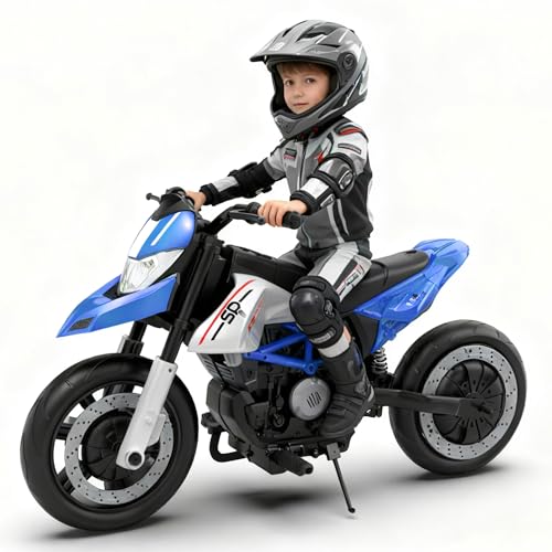 NEWDOOD 24V 9AH Electric Motorbike, 9 mph & 110lb Max, 200W Ride on Motorcycle for Big Kids w/EVA Tires, LED Lights & Power Display, 2 Speed, Bluetooth, Music, Electric Motorcycle for Ages 6+, Blue