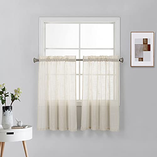 Diamond Home Linen Rod Pocket Semi Sheer Short Linen Textured Window Treatment Tiers for Kitchen, Bathroom or Laundry Windows 2 Panels (W 27 x L 36, Ivory)