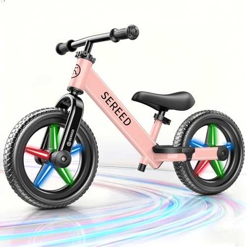 Image of SEREED Toddler Balance Bike 2 Year Old, No Pedal Kids Bicycle Toys for 2-5 Years Old, Tool-Free Adjustment, Customize Plate with Stickers, Gift for 2-3 Boys Girls (Pink Lighting)