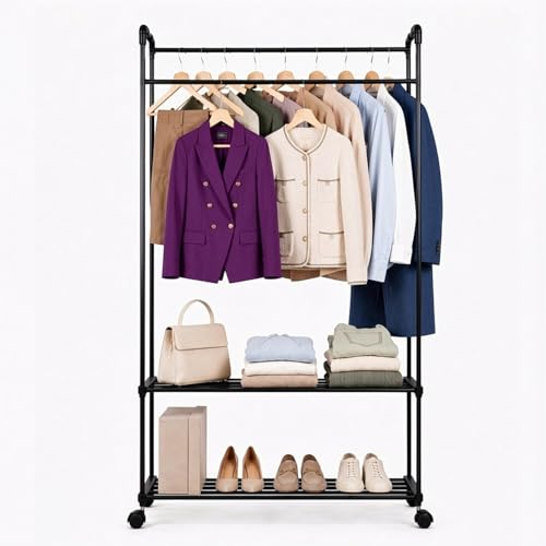 Image of LEOPAX Premium Cloth Rack Stand for Clothes | Double Rod Garment Rack with Shelves & Wheels, Heavy Duty Metal Clothes Organizer, Portable Wardrobe Hanger Stand for Bedroom, Living Room & Closet