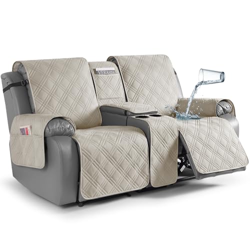 Image of TAOCOCO Waterproof Loveseat Recliner Cover with Console, Non-Slip Reclining Loveseat with Console Cover with Pocket, Split Recliner Sofa Covers Furniture Protector for Pets Dogs(2 Seater, Cream)