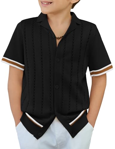 Arshiner Boys Knit Shirts Short Sleeve Button Down Shirt Vintage Fashion Casual Summer Beach Shirts for Kids 4-13 Years Black