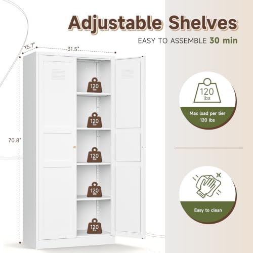 Image of Letaya White Storage Cabinet with Adjustable Shelves-Metal Home Kitchen Pantry Cabinets with Doors,Organization Locker for Cupboard /Bedroom /Dining /Living /Bathroom /Office /Garage Room