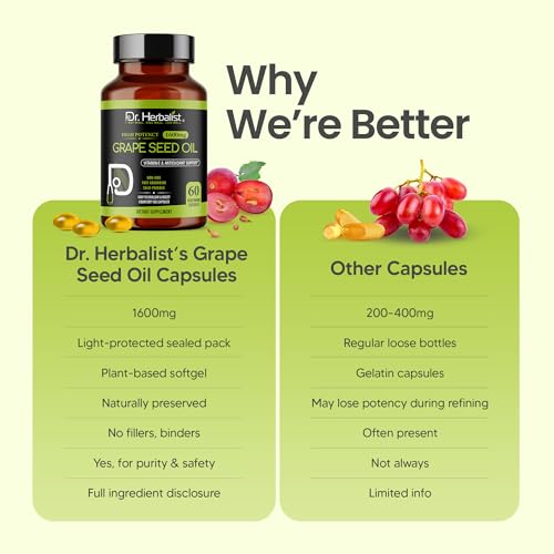 Image of Dr. HERBALIST Grape Seed Oil Capsules 1600mg - Cold Pressed Vitis Vinifera with OPC Proanthocyanidins | Supports Antioxidant Wellness & Cardiovascular Health* | Halal | 60ct