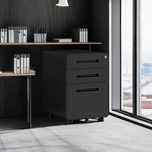 Image of MIIIKO Mobile Filing Cabinet 3 Drawer, Rolling Small File Cabinet with Keys Under Desk, Modern Black Filing Cabinets for Home Office with Anti-tilt Wheels, A4 /Letter /Legal Hanging File Drawers