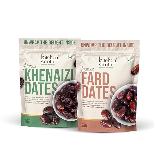 KitchenSmith Khenaizi & Fard Dates - Pack of 2 (400gm Each) | Omani/Fard No Preservatives & Added Sugar | High Fibre | Energy Health Snacks
