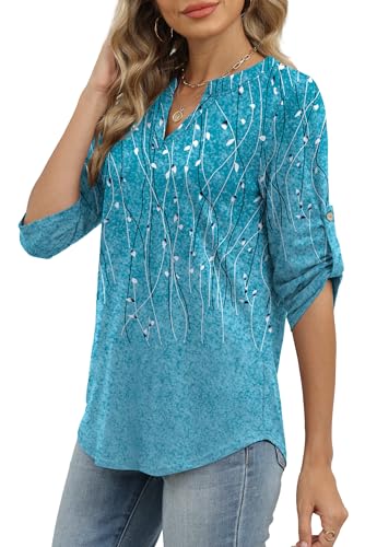 Image of XIEERDUO 3 /4 Length Sleeve Womens Tops V Neck T Shirts Both Side Buttons Blouses Business Casual Outfits Loose Fit