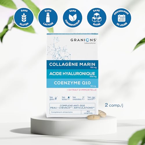 COLLAGENE et Acide Hyaluronique - GRANIONS Collagène N°1 en Pharmacies- Collagene Marin Peau, Cheveux, Articulations, Ongles - Coenzyme Q10 - Acide Hyaluronique - 60 Comprimés - 1 mois – Image 4