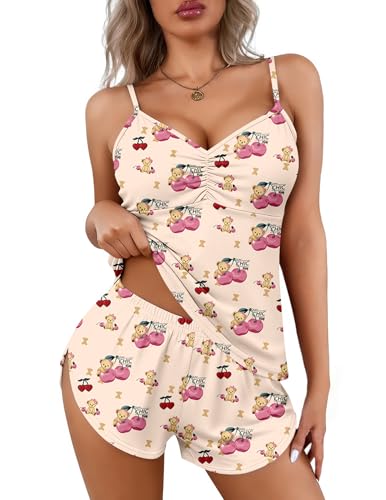 Image of Ekouaer Womens Pajama Sets Cami Short Sets V Neck Lingerie Soft 2 Pieces Pjs Set with Shorts 2025 Cherry Teddy Bear Apricot L
