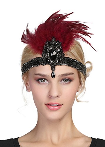 Women's Vintage 1920s Great Gatsby Flapper Headband Feather Wedding Party Headpiece (#1 Red)