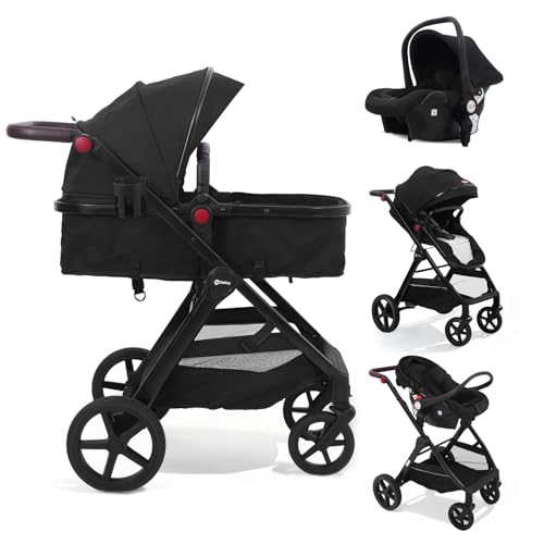 Sekey Kombi Kinderwagen Baby 3 in 1 Komplettset mit Regenschutz und Moskitonetz, Kinderwagen mit Liegefunktion bis 25kg, 0 bis 4 Jahre, 4-Rad-Federung, 5 Punkt-Gurt mit Reflektor, BW600, Schwarz