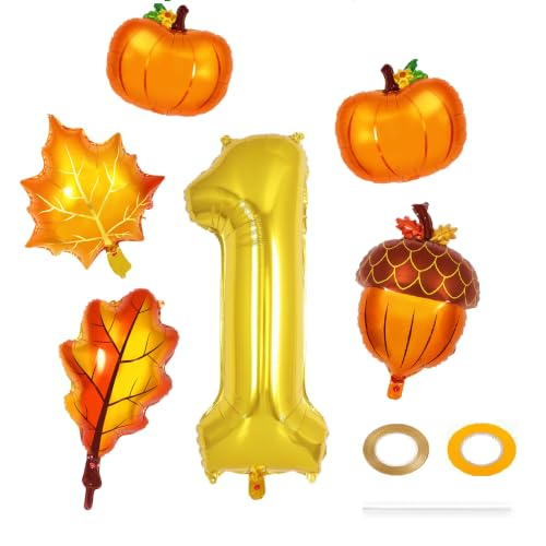 Image of 6 Pcs Fall 1st Birthday Balloons, Pumpkin Maple Leaf Acorn Foil Balloons