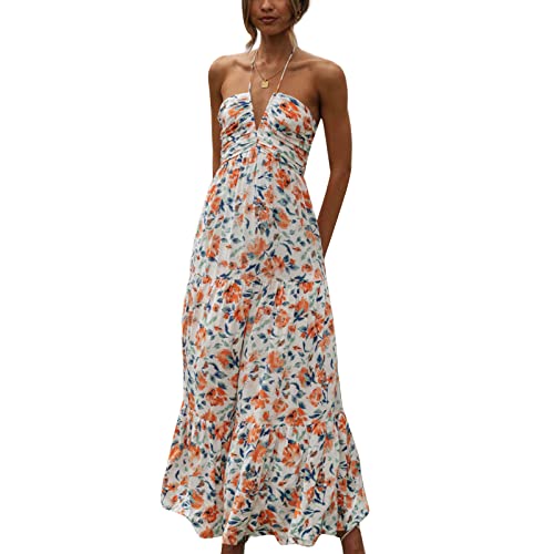 Image of Owl's-Yard Women Ruffle Spaghetti Strap Dress Sexy Backless Tiered Flowy Sundresses Boho Beach Long Dress Clubwear (M-02, XL)