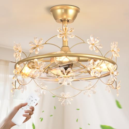 Depuley Bedroom Ceiling Fan with Lights: 20 Gold Chandelier Small Fan with Remote Control - Modern Flower Fandelier for Girls Bedroom Living Room Kitchen