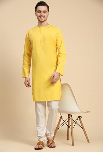 Image of SKAVIJ Men's Pure Cotton Solid Kurta Pajama Set Round Neck Casual Yoga Dress