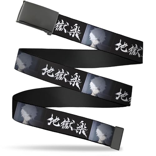Buckle-Down Crunchyroll Belt, Flip Web Belt Hells Paradise Kanji Title Logo and Gabimaru Face Black White, 1.0 Inch Wide, Youth up to Size 20