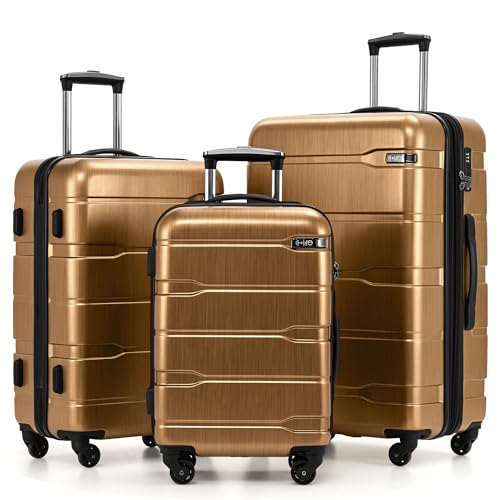 Coolife Luggage Set 3 Piece Hardside PC+ABS Suitcase with TSA Lock, Expandable Large Checked Luggage, Lightweight Rolling Carry On with Spinner Wheels(20/24/28 Inch, Black Brown)
