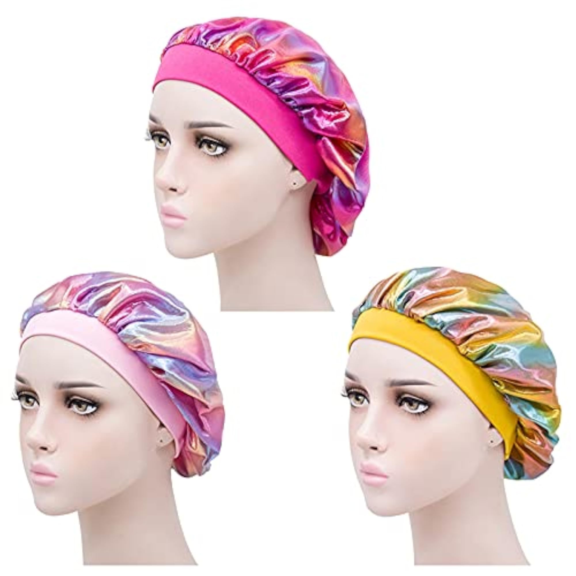 Curly Long Frizzy Wavy Satin Bonnets, 3PCS Set