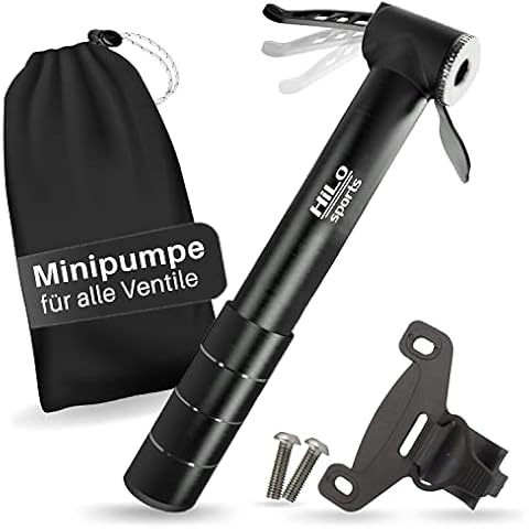 HiLo sports Aluminium Minipumpe Fahrrad alle Ventile - 6 Bar / 90 Psi Rahmenpumpe - Mini Fahrradpumpe mit Rahmenhalterung - Miniluftpumpe - Radpumpe klein Cover