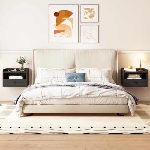 Floating Nightstand Set of 2 Modern Night Stands with Drawer and Open Shelf Cubby Small Bedside End Table with Charging Station Wall Mounted Nightstands Set 2 for Bedroom Black Floating Nightstand Set of 2 Modern Night Stands with Drawer and Open Shelf Cubby Small Bedside End Table with Charging Station Wall Mounted Nightstands Set 2 for Bedroom Black