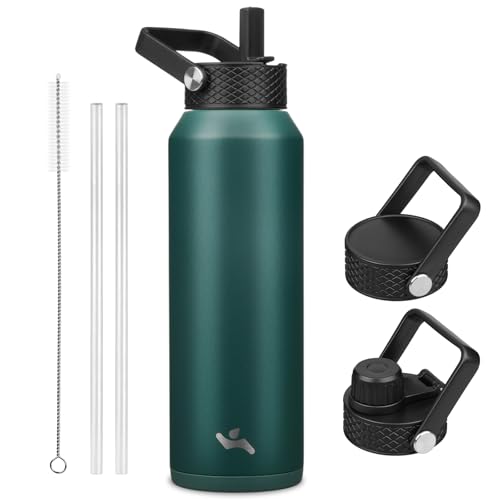 Image of Konokyo 40oz Insulated Stainless Steel Water Bottle with 3 Lids, Leakproof BPA-Free Bottle with Straw Lid, Sip Lid and Flex Cap for Gym, Travel, School, Office, Green