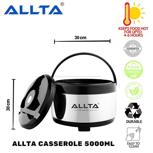 Image of ALLTA Stainless Steel Casserole 5.5 Litre | Double Wall Insulated Hot Pot & Roti Box | Keeps Food Hot 6-8 Hours | Airtight, Leakproof, Odourless | Serveware for Kitchen & Dining (5500ml, Black)