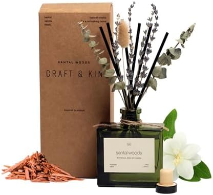 Craft & Kin Premium Santal Woods Reed Diffuser with Dried Flowers – 5 oz Essential Oil Diffuser for Home & Bathroom – Long-Lasting Fragrance Diffuser Sticks – Room Decor Air Freshener