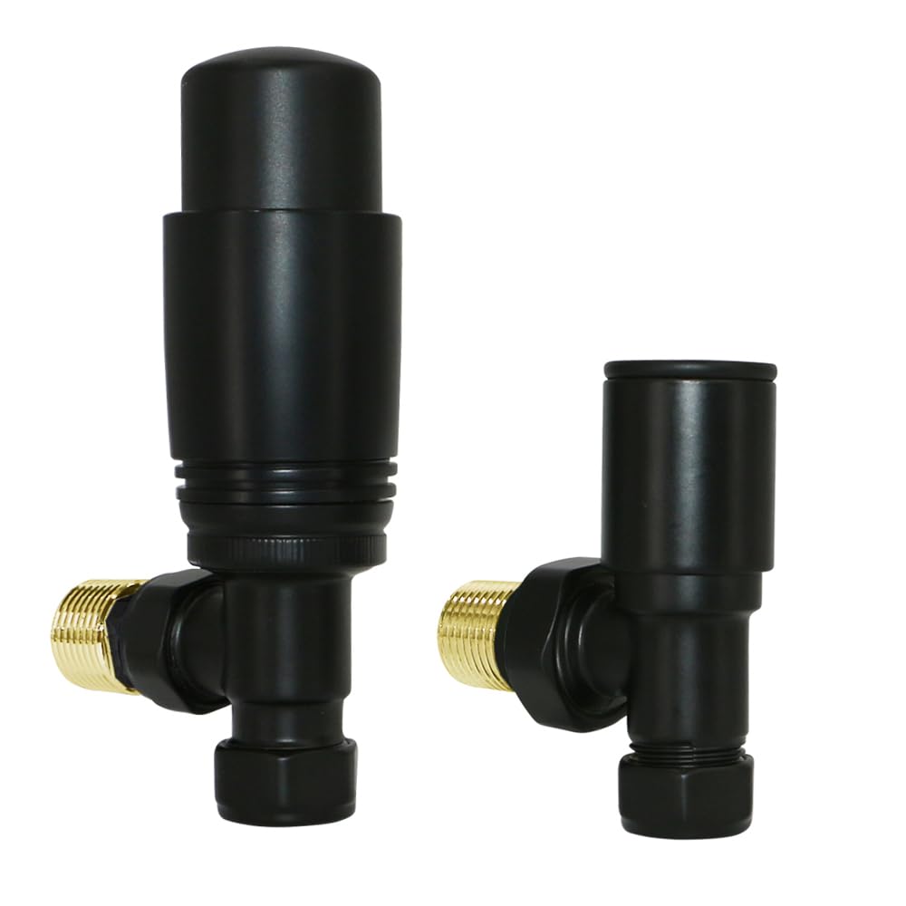 Nrg Angled - Black 15Mm Black Angled Trv Thermostatic Valves And Manual Angled Radiator Towel Rail Valves