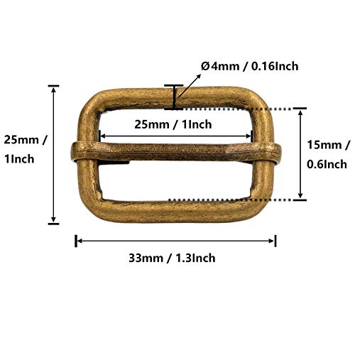 BIKICOCO Metal Slide Adjuster Buckle Tri-Glides with Movable Center Bar, for Straps, 1 x 0.6 Inch, Bronze, Pack of 20