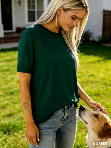 Image of Womens Short Sleeve Striped Color Block Crew Neck Sweater Shirt Lightweight Cotton Casual Summer Pullover Tops